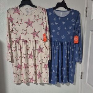 Two Wonder Nation Dresses Pink and Red Floral Stars And Blue With Snowflakes XXL